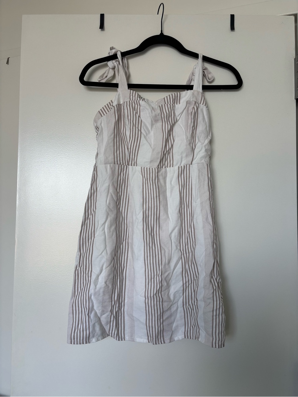 Sage White and Tan Striped Tie-Shoulder Mini Dress